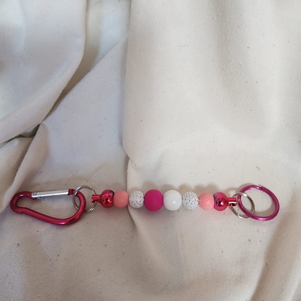 Pink and White Beaded Keychain